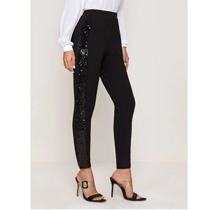 Black Sequin Embellished Elegant Skinny Stretchy Pants Elastic Waist Long